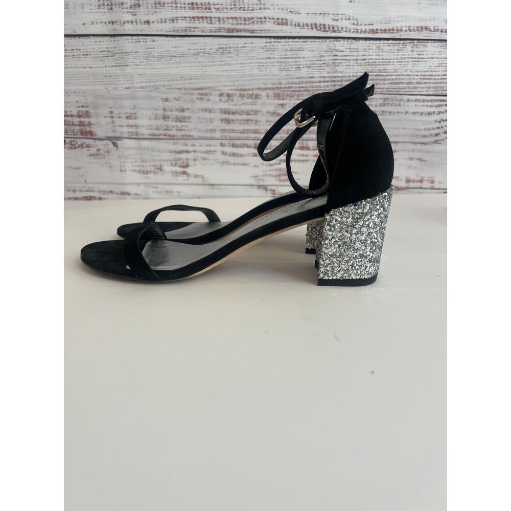 Stuart Weitzman Simplemid black suede silver glitter block heel size 9 - Picture 5 of 11